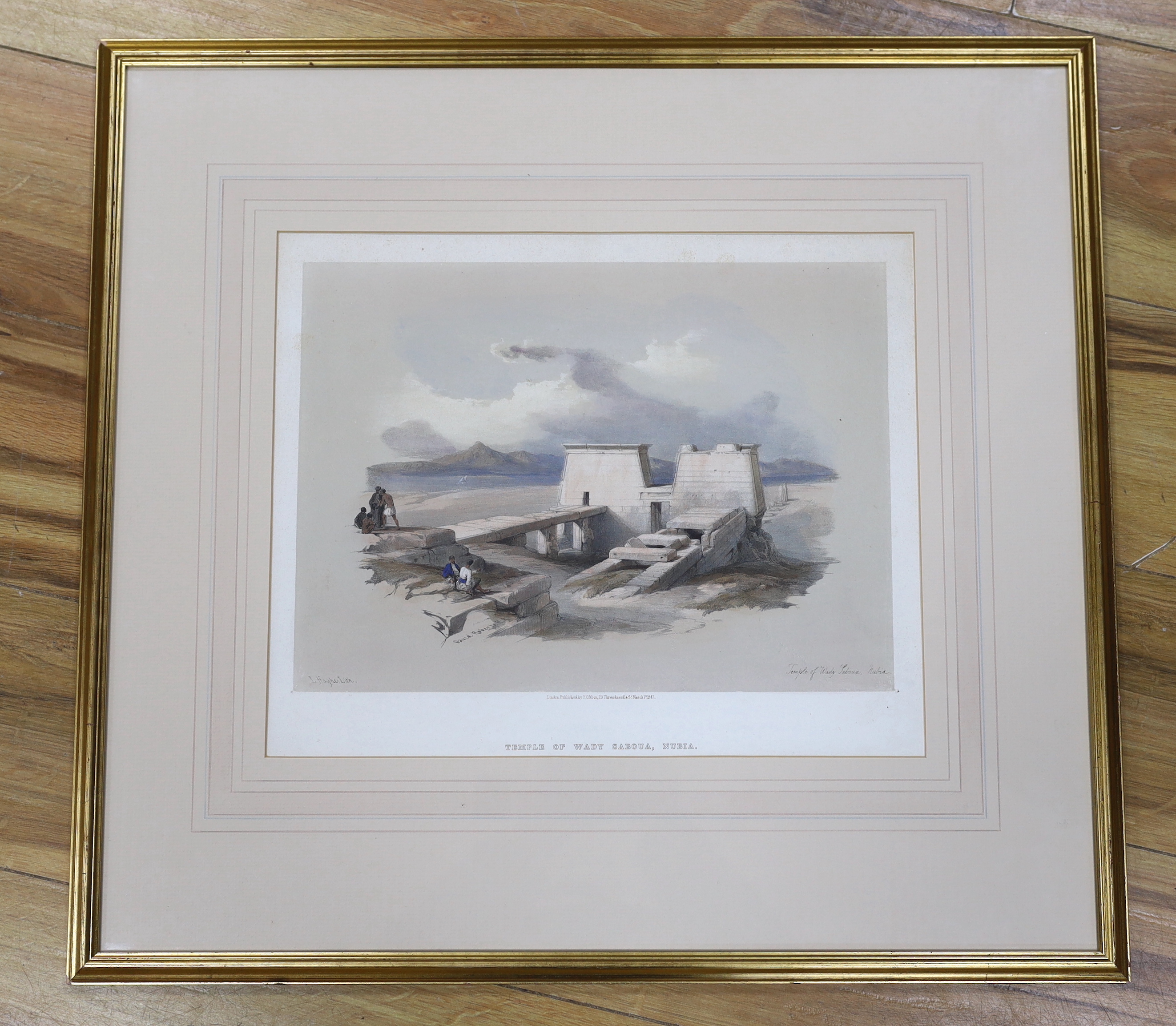 David Roberts (Scottish, 1796-1864), colour lithograph, 'Temple of Wady Saboua, Nubia', publ. F.G. Moon, 1st Marcy 1847, 32 x 38cm